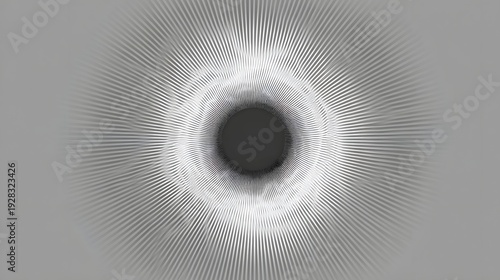Black circle is surrounded by white and gray radiating lines creating a sense of depth and movement.