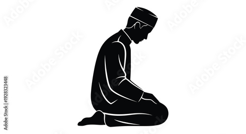 A striking black silhouette depicts a man kneeling in prayer showcasing islamic devotion silhouette high quality professional detailed