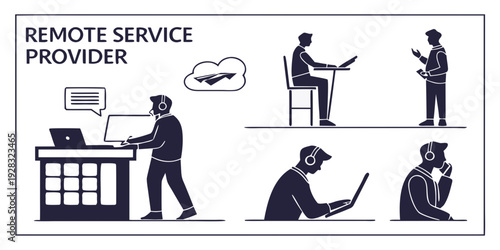 Illustration of remote service provider assisting clients in various locations Vector