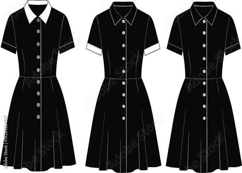 Three Black Dresses with White Collars and Buttons