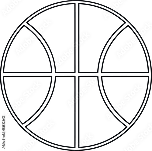 Simple black and white outline drawing of a standard basketball for sports design use