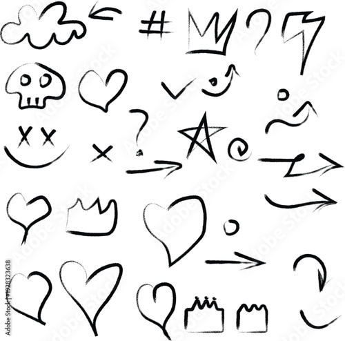 Bold brush-drawn doodle shapes for energetic street art and graffiti poster design, conveying urban culture and creativity.