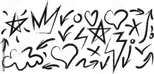Bold punk and graffiti style brush-drawn doodle shapes including a star, arrow, skull, and crown, adding an edgy, rebellious vibe to designs. Hand-drawn vector elements.