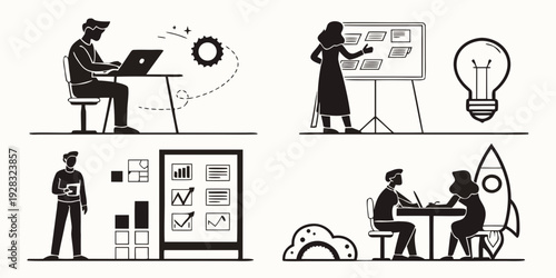 Diverse group of professionals collaborating on creative and technical projects Vector