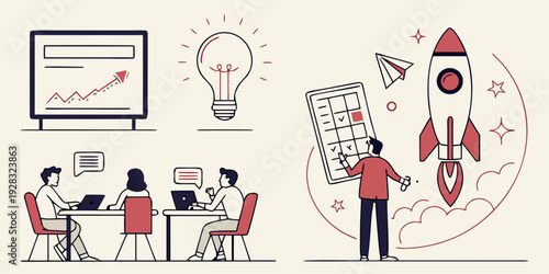 Diverse team collaborating on a project with digital tools and ideas Vector