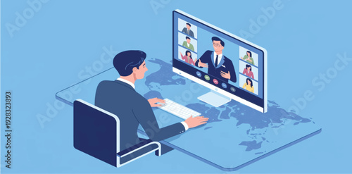 Businessman on Global Video Conference Call at Office Desk with World Map Background Representing Remote Work Virtual Meeting and International Corporate Communication