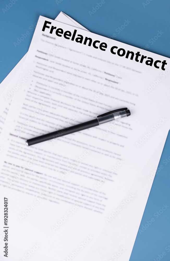 Obraz premium Freelance contract document on desk, professional agreement for remote work and creative collaboration, symbol of independence, flexibility, and modern digital business.