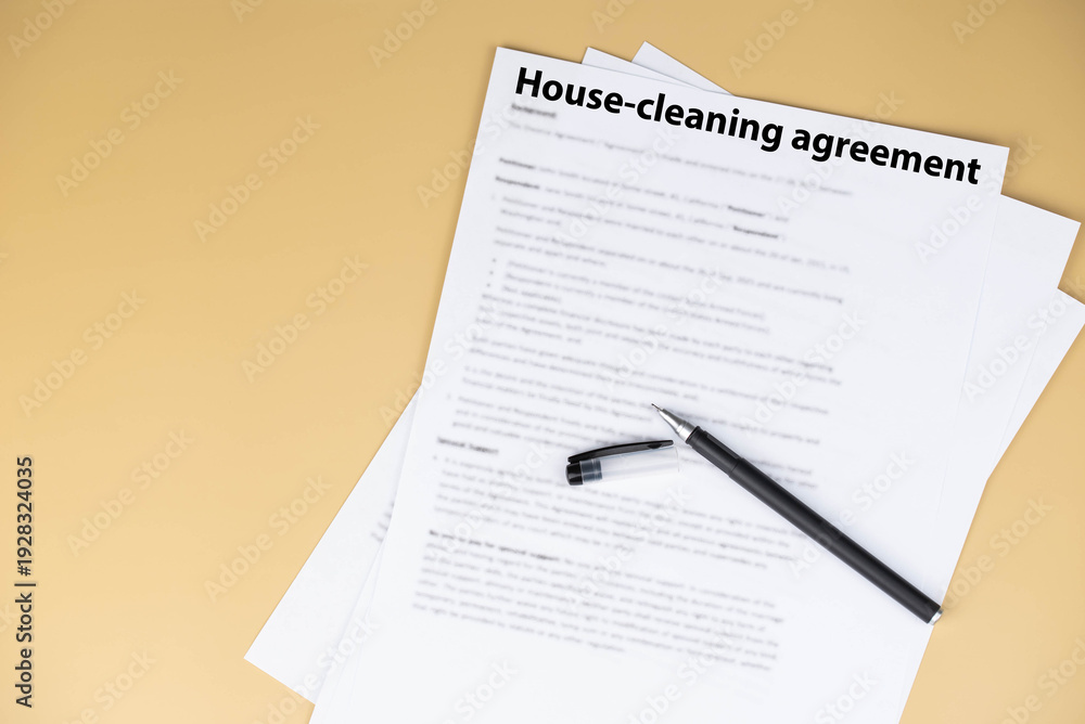 Obraz premium House cleaning agreement document on desk, legal contract for home maintenance and domestic service, symbol of responsibility, trust, and professional household care.