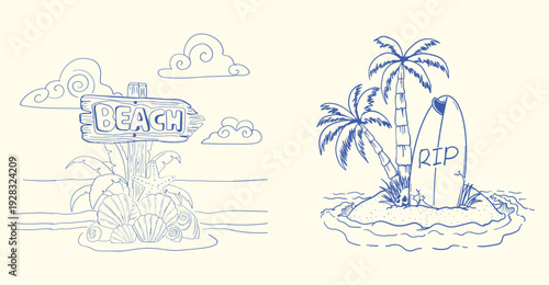 Beach sign and surfboard island sketch line art illustration