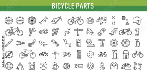 Bicycle Parts and Cycling Equipment Line Icon Set with Bike Components, Tools, Accessories and Repair Symbols for Sports, Transport and Workshop Design