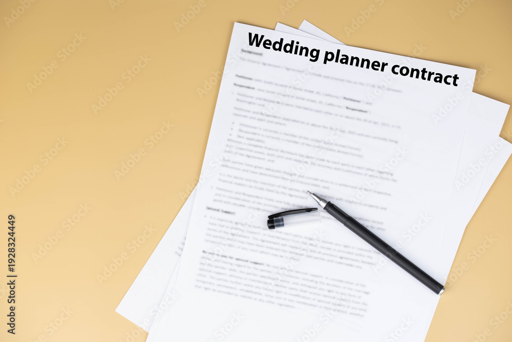 Obraz premium Wedding planner contract on desk, professional legal agreement for event coordination, vendor management and wedding organization, symbol of trust, creativity, and celebration planning success.