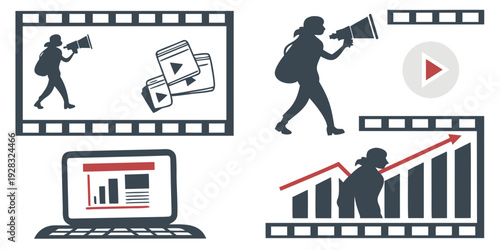 Illustrations of film production, marketing, and analysis processes Vector