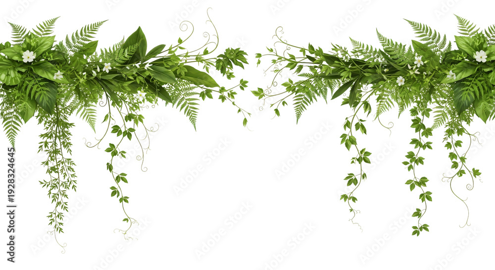 Obraz premium Lush green leafy vines and ferns arrangement hanging plants