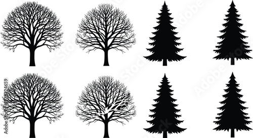 Black vector silhouette collection featuring detailed leafless deciduous trees, various pine tree shapes, evergreen forest elements, and nature landscape icons.