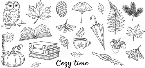 Cozy Autumn Hand Drawn Vector Set with Owl, Books, Pumpkin, Leaves, Coffee Cup and Umbrella, Fall Season Illustration Collection for Design