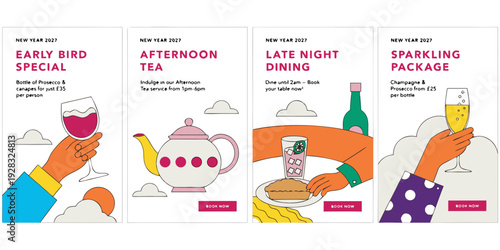 Dining & Drinks Offer Set – Early Bird Special, Afternoon Tea, Late‑Night Dining & Sparkling Package | Modern Hospitality Promo Cards