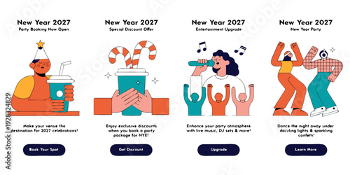 New Year 2027 Event Promo Set – Early Booking, Special Discounts, Entertainment Upgrade & Dance Party Graphics | Festive Illustration Pack