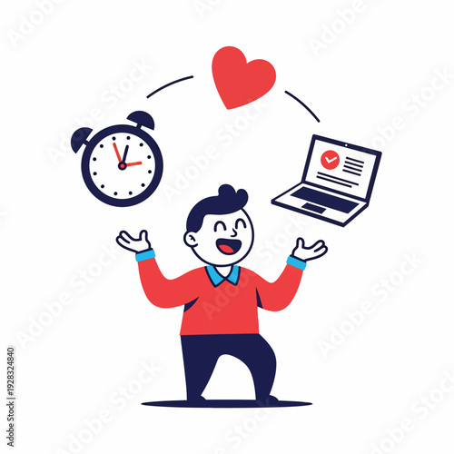 Man Juggling Laptop Clock Heart.