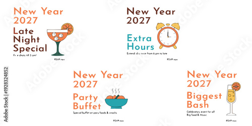 New Year 2027 Event Promo Set – Late Night Special, Extra Hours, Party Buffet & Biggest Bash | Festive Celebration Graphics Pack