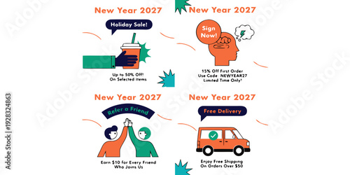 New Year 2027 Promo Set – Holiday Sale, Sign‑Up Bonus, Referral Rewards & Free Delivery | Modern Marketing Offer Pack