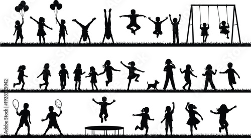 Black silhouettes of children playing outdoors featuring jumping running swinging and sports activities for playground park and summer vacation design.