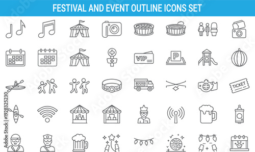 Festival and event outline icons set, party celebration music camera ticket VIP, entertainment activities, fair carnival symbol collection