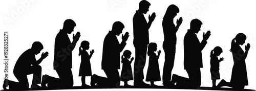 Silhouette of people praying illustration, adults and children, communal worship, family devotion, spirituality, faith unity, religious ceremony art