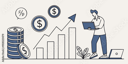 Financial planning for modern life: businessman saving, investing in real estate, banknotes, insurance, earning dividends, interest, and wealth accumulation.