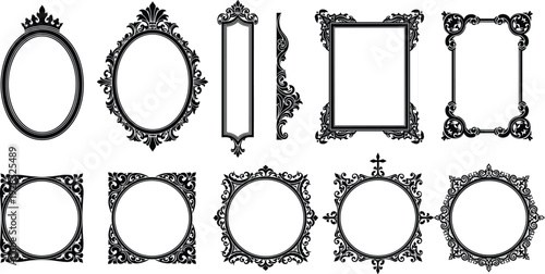 Vintage ornate frames, decorative silhouettes, oval and rectangular borders, floral scrollwork, classical design, artistic illustration, elegant decoration, black contour art