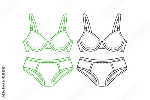 Lingerie set illustration including bra and panties in a simple line style