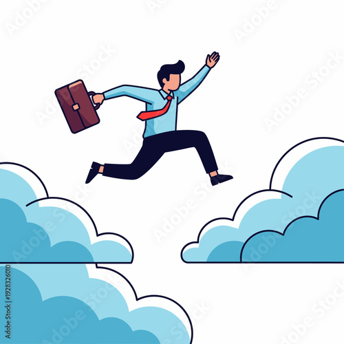 Man Jumping Between Clouds with Briefcase.