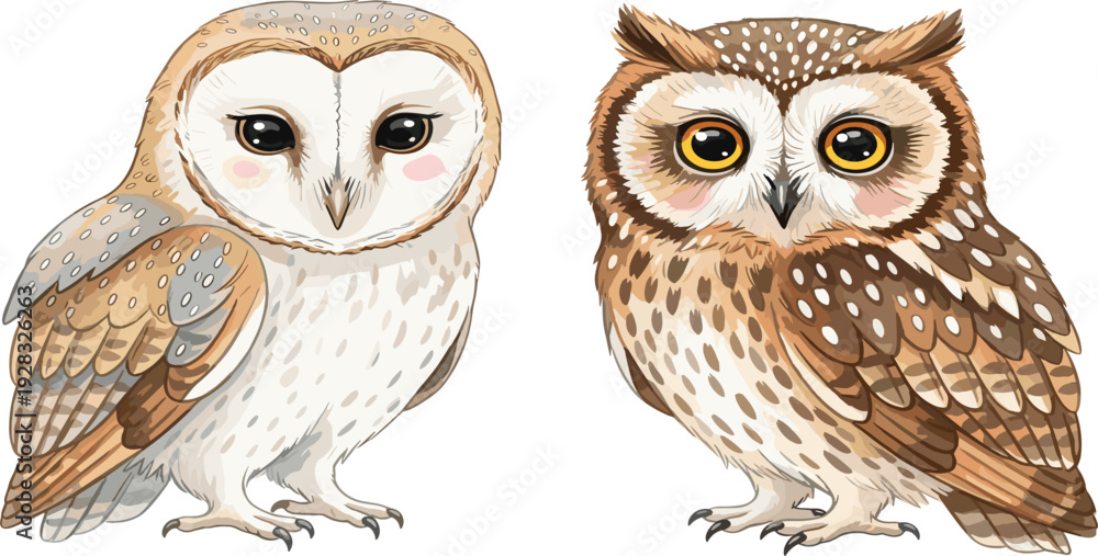 Fototapeta premium Cute Owl Cartoon Vector Set with Detailed Feathers and Big Eyes, Adorable Forest Bird Characters for Kids Design, Wildlife Illustration Collection