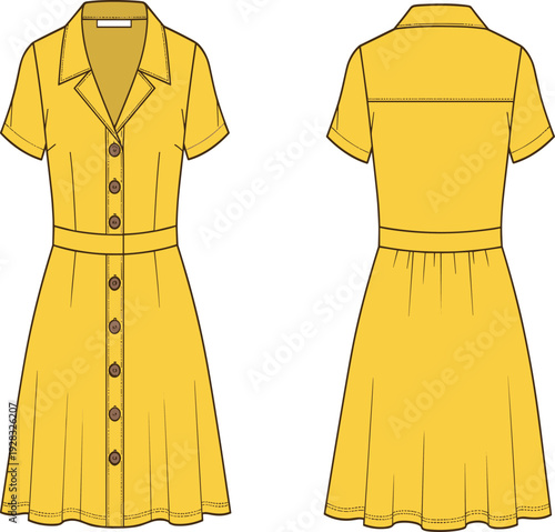 Yellow Button- Up Dress with Short Sleeves Front and Back View
