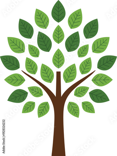 Green Leaf Tree Icon Illustration with Symmetrical Foliage, Modern Flat Botanical Nature Design for Eco Branding, Environmental Awareness and Organic Business Identity