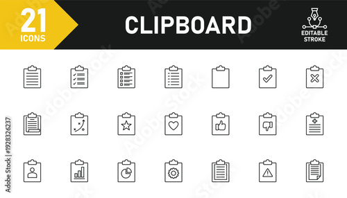 Clipboard line icon set. Set of 21 outline icons related to clipboard, checklist, survey, task, document, file and others. Editable stroke. Vector illustration.