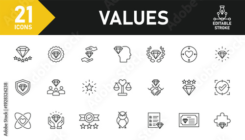 Values line icon set. Set of 21 outline icons related to values, integrity, innovation, accountability, goal, vision and others. Editable stroke. Vector illustration.