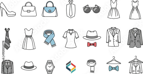 Professional fashion accessories and apparel icons for business and formal events
