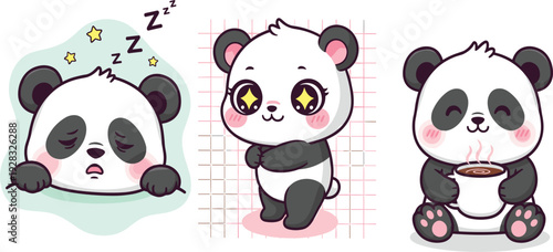 Cute Panda Daily Life Cartoon Set Sleeping Dancing and Drinking Coffee Characters for Kids Illustration, Nursery Design, Stickers, and Kawaii Vector Collection