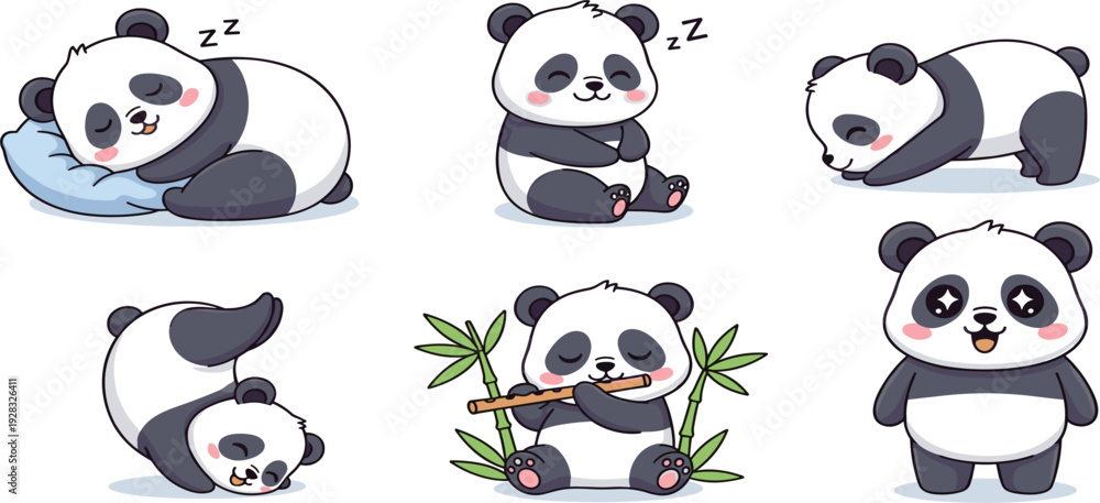 Naklejka premium Cute Panda Sleeping and Eating Bamboo Cartoon Set with Adorable Baby Panda Characters for Kids Nursery Design Stickers and Vector Illustration Collection