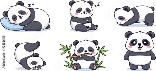 Cute Panda Sleeping and Eating Bamboo Cartoon Set with Adorable Baby Panda Characters for Kids Nursery Design Stickers and Vector Illustration Collection