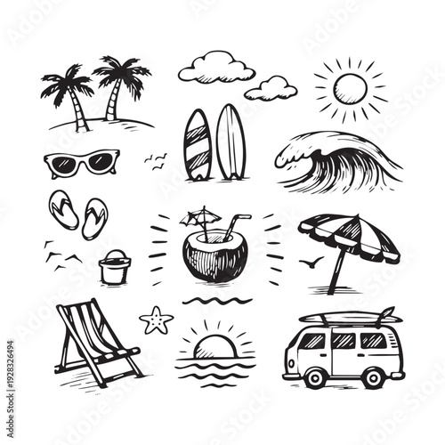 Summer vacation hand drawn doodle icon set