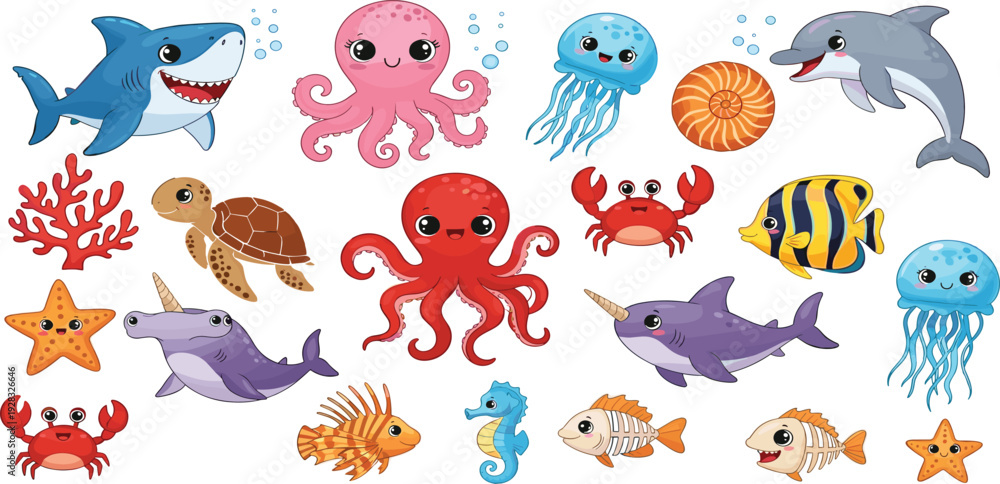 Obraz premium Cute Sea Animals Cartoon Set with Shark, Octopus, Jellyfish, Dolphin, Crab, Turtle and Fish Characters for Kids Ocean Illustration and Nursery Design