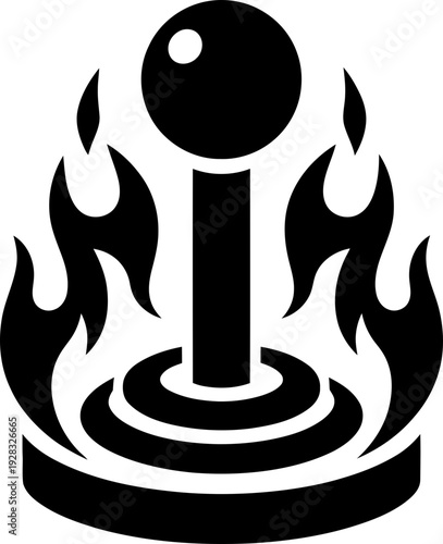 Retro arcade joystick with flaming fire around it, symbolizing gaming passion and power. Vector icon for game website design or app
