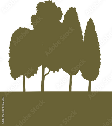 Minimal Forest Tree Silhouette Illustration Isolated on Light Background, Abstract Nature Landscape Design for Environmental, Botanical, Park and Outdoor Concept Projects