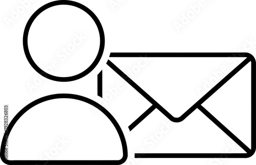 User profile icon with envelope symbol, representing contact information or user messaging on a white background. Vector line illustration
