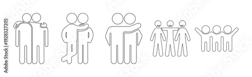 Friendship and Teamwork Icon Set – People Hugging, Handshake and High Five Silhouette Symbols in Minimal Black and White Vector Style