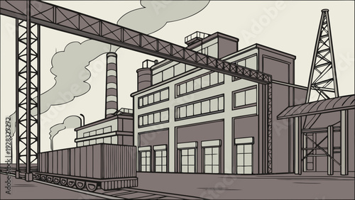 Industrial factory with train and smokestacks in operation