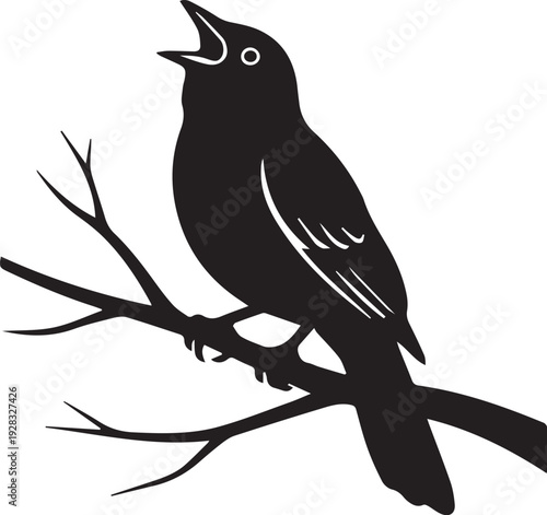 Gemini said

Isolated vector illustration of a cute black bullfinch bird silhouette perched on a winter tree branch with red feathers and a sharp beak against a white nature background