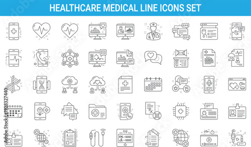 Healthcare medical line icons set, digital health monitoring, hospital services, patient care, telemedicine dashboard, doctor communication interface symbols