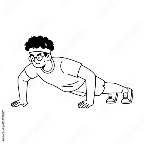 Hand drawn style illustration of a man exercising with effort doing a push-up